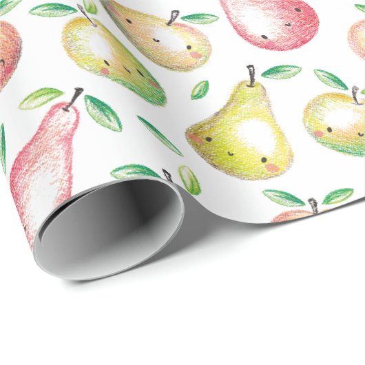 かわいいリンゴ&梨の手描き白い赤い緑 ラッピングペーパー (ロールコーナー)