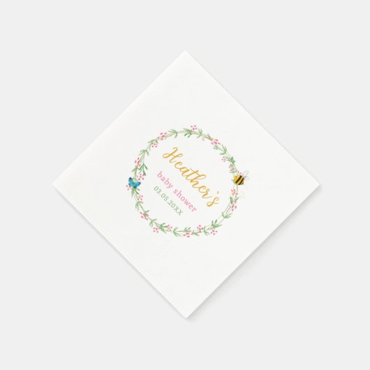 かわいいリース、ビー&バタフライベビーシャワー スタンダードカクテルナプキン (角)