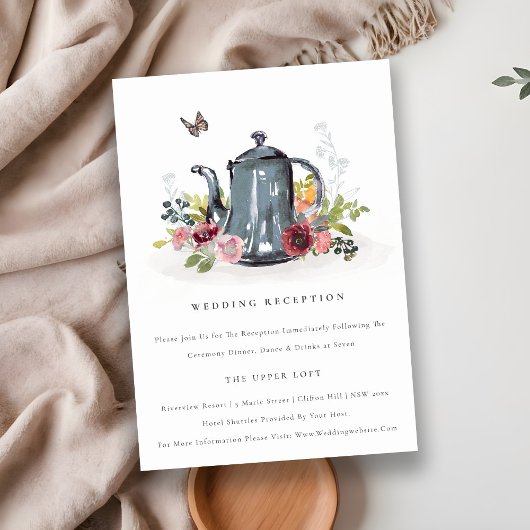 かわいいリーフィバラフローラティーポットウェディングレセプション エンクロージャーカード