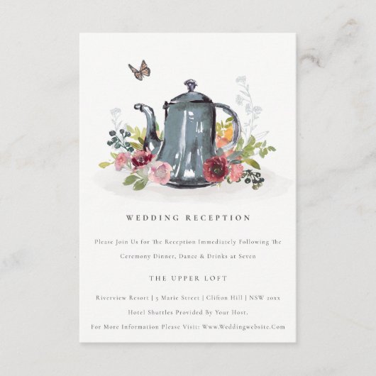 かわいいリーフィバラフローラティーポットウェディングレセプション エンクロージャーカード (正面)