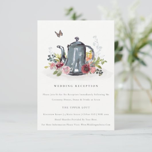 かわいいリーフィバラフローラティーポットウェディングレセプション エンクロージャーカード (スタンド正面)