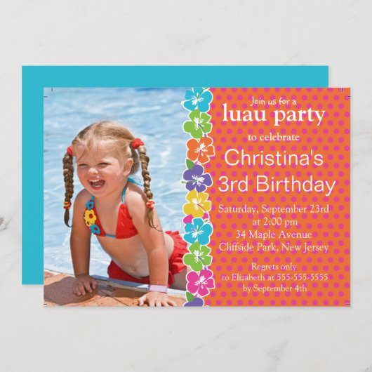 かわいいルアウ(ハワイ式宴会)の小さな女の子のバースデーパーティ招待状 招待状 (正面/裏面)