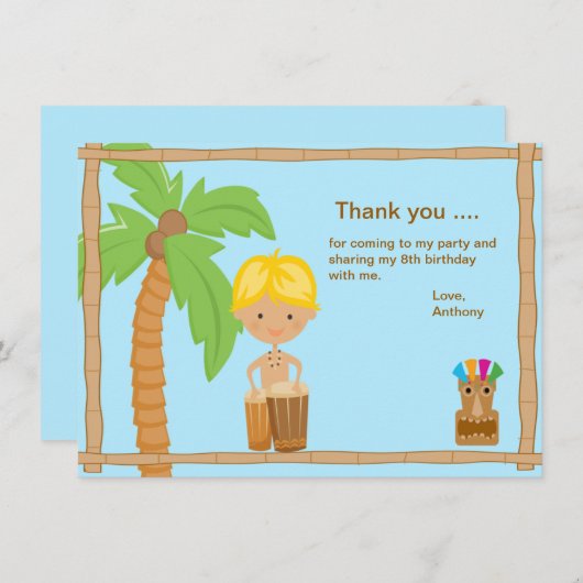 かわいいルアウ（ハワイ式宴会）の男の子のサンキューカード サンキューカード (正面/裏面)
