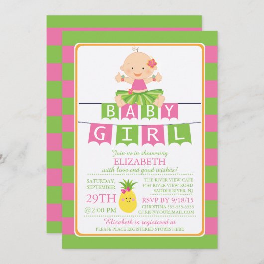 かわいいルアウ（ハワイ式宴会）フラガールベビーシャワー招待状 招待状 (正面/裏面)