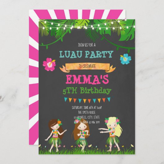 かわいいルアウ(ハワイ式宴会)誕生日パーティー招待状 招待状 (正面/裏面)