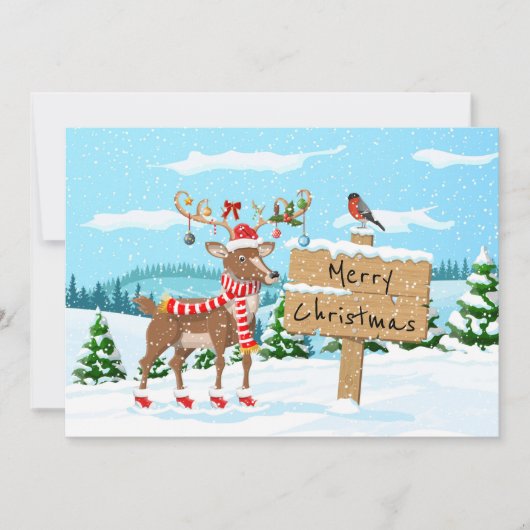 かわいいルドルフと鳥のクリスマス シーズンカード (正面)