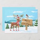 かわいいルドルフと鳥のクリスマス シーズンカード (正面/裏面)