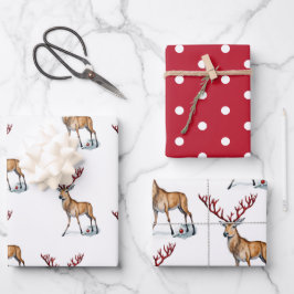 かわいいルドルフのクリスマス水彩画 ラッピングペーパーシート