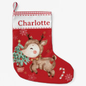 かわいいルドルフ赤い鼻トナカイ赤いギンガム スモールクリスマスストッキング (正面)