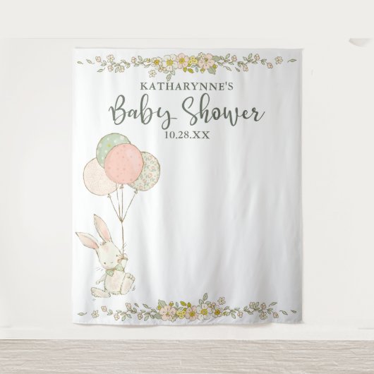 かわいいルーラルうさぎ花のベビーシャワーバックドロップ タペストリー (正面)