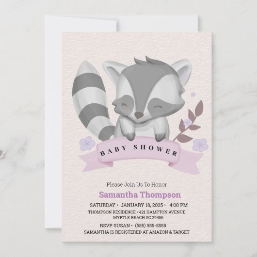 かわいいルーンの女の子パープルベビーシャワー 招待状 (正面)