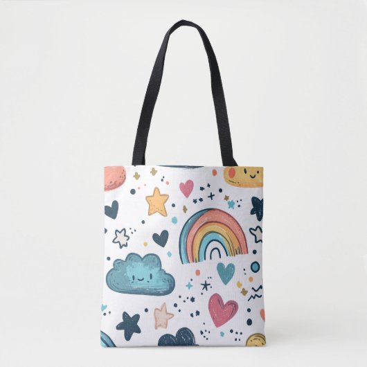 かわいいレインボーの落書き模様　雲や星入り トートバッグ (正面)