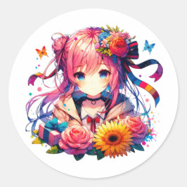 かわいいレインボーアニメの少女と子猫の誕生日パーティー ラウンドシール