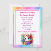 かわいいレインボーアニメの少女と子猫の誕生日パーティー 招待状 (裏面)