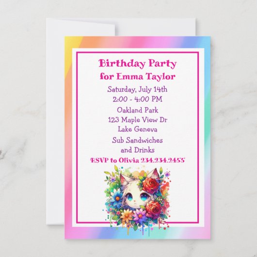 かわいいレインボーアニメの少女と子猫の誕生日パーティー 招待状 (裏面)