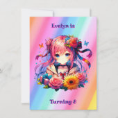 かわいいレインボーアニメの少女と子猫の誕生日パーティー 招待状 (正面)