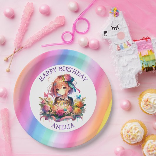 かわいいレインボーアニメガールお誕生日ケーキ パーソナライズされた ペーパープレート (パーティー)
