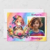 かわいいレインボーアニメガールの誕生日パーティー 招待状 (正面)