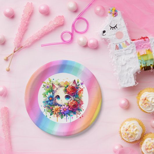 かわいいレインボーアニメキャットお誕生日ケーキ パーソナライズされた ペーパープレート (パーティー)