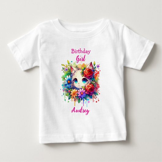 かわいいレインボーアニメキャット誕生日ガールパーソナライズされた ベビーTシャツ (正面)