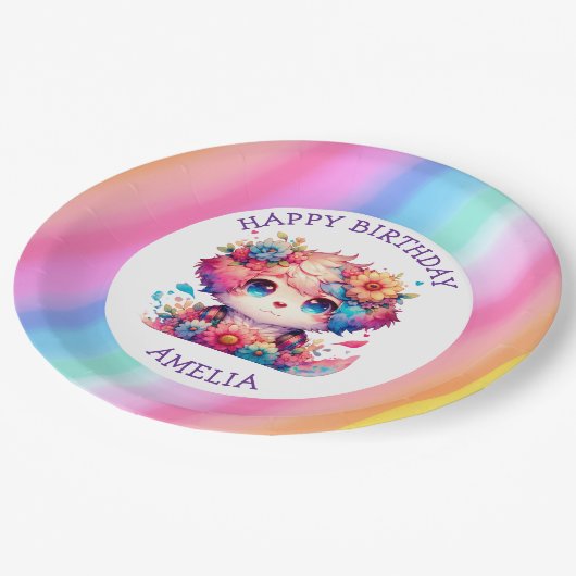 かわいいレインボーアニメドッグお誕生日ケーキ パーソナライズされた ペーパープレート (アングル)