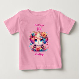 かわいいレインボーアニメドッグ誕生日ガールパーソナライズされた ベビーTシャツ