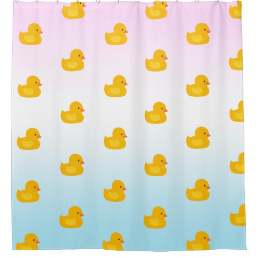 かわいいレインボーイエローアヒルのパターン青グラデーション シャワーカーテン (正面)