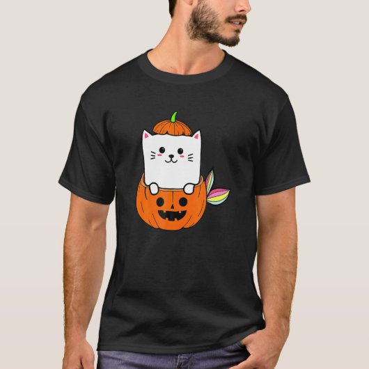 かわいいレインボーキャットマーメイドハロウィンカボチャ Tシャツ (正面)