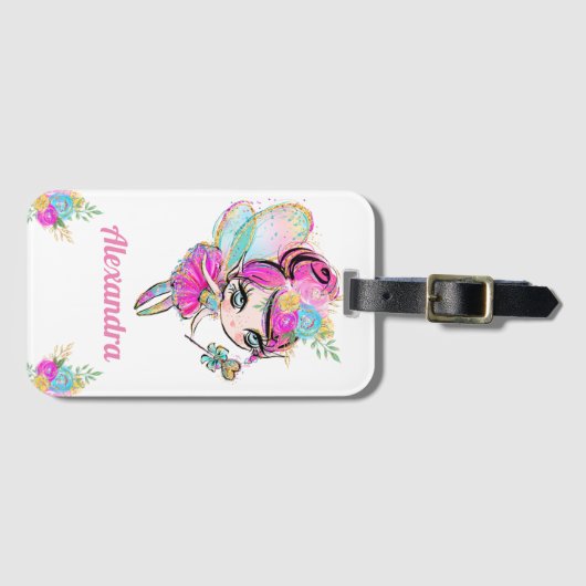 かわいいレインボーグリッターピクシー妖精と名前をカスタムする ラゲッジタグ (正面横)