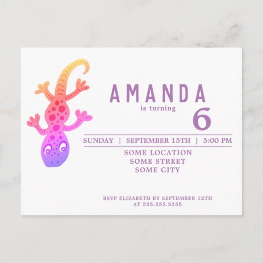 かわいいレインボーゲッコリザードバースデーパーティー インビテーションポストカード (裏面)