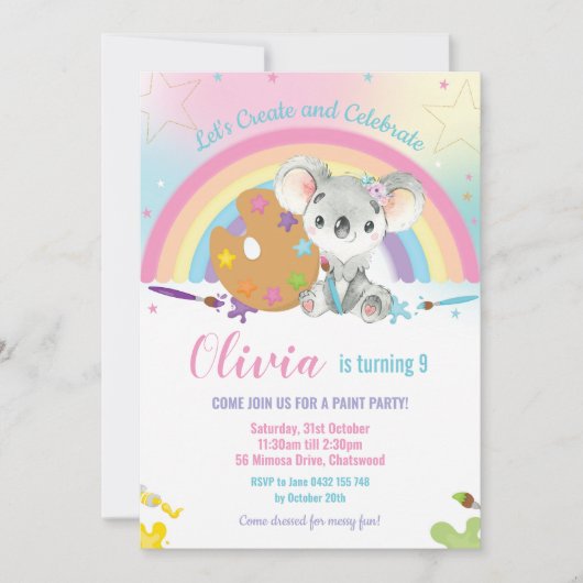 かわいいレインボーコアラ絵を描アートバースデーパーティーガール 招待状 (正面)