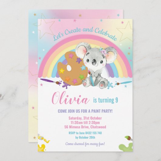 かわいいレインボーコアラ絵を描アートバースデーパーティーガール 招待状 (正面/裏面)