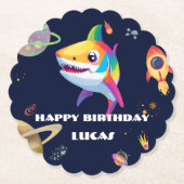 かわいいレインボーシャーク銀河系ロケット誕生日パーティー ペーパーコースター (正面)