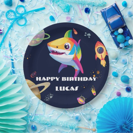 かわいいレインボーシャーク銀河系ロケット誕生日パーティー ペーパープレート (パーティー)