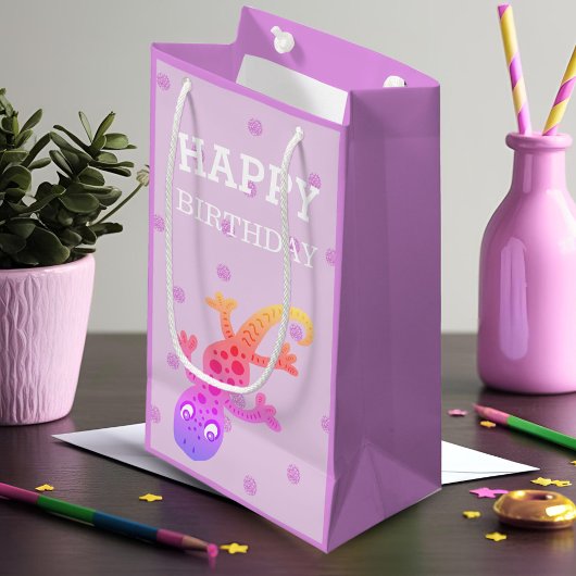 かわいいレインボージェッコトカゲonピンク スモールペーパーバッグ