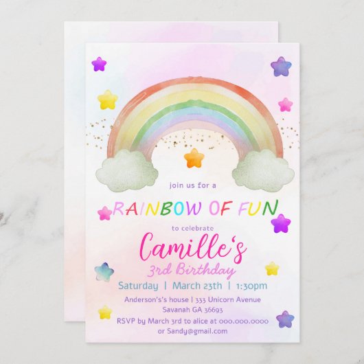 かわいいレインボースターの女の子の誕生日 招待状 (正面/裏面)