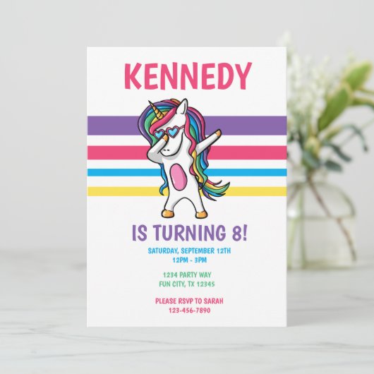 かわいいレインボーダビングユニコーン女の子の誕生日パーティー 招待状 (スタンド正面)