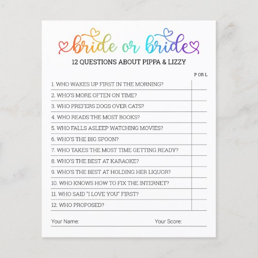 かわいいレインボーハートスクリプトブライドまたはブライドのゲーム (正面)