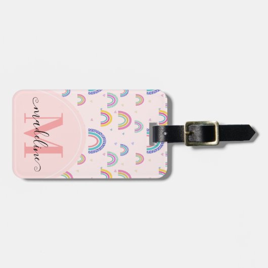 かわいいレインボーハートスクリプトモノグラムボホピンク ラゲッジタグ (正面横)