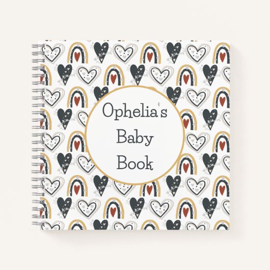 かわいいレインボーハートボホパターン名ベビー本 ノートブック (正面)