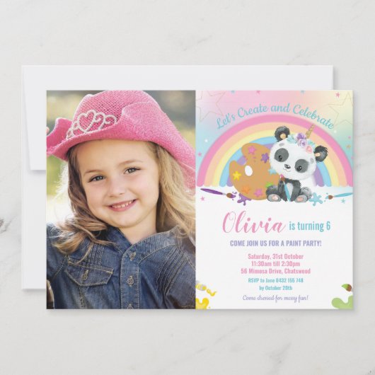 かわいいレインボーパンダアート絵を描パーティー誕生日写真 招待状 (正面)