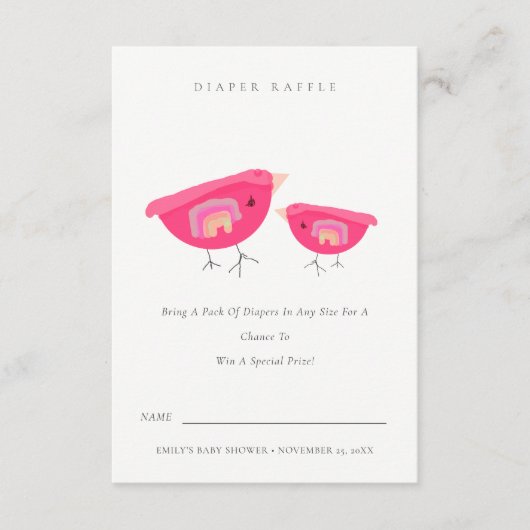 かわいいレインボーピンクバーディオムツラッフルベビーシャワー エンクロージャーカード (正面)