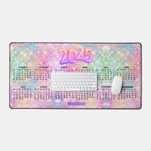 かわいいレインボーフェイクグリッターモノグラム2025カレンダー デスクマット (キーボード&マウス)