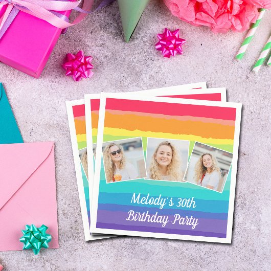 かわいいレインボーフォトコラージュカスタム誕生日パーティー スタンダードカクテルナプキン