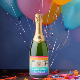 かわいいレインボーフォトコラージュカスタム誕生日パーティー スパークリングワインラベル