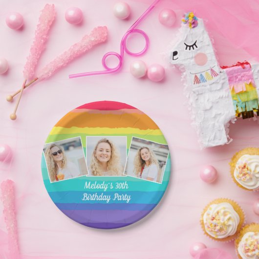かわいいレインボーフォトコラージュカスタム誕生日パーティー ペーパープレート (パーティー)