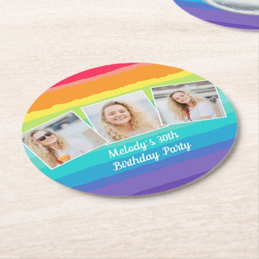 かわいいレインボーフォトコラージュカスタム誕生日パーティー ラウンドペーパーコースター (アングル)