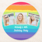 かわいいレインボーフォトコラージュカスタム誕生日パーティー ラウンドペーパーコースター (正面)