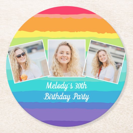 かわいいレインボーフォトコラージュカスタム誕生日パーティー ラウンドペーパーコースター (正面)