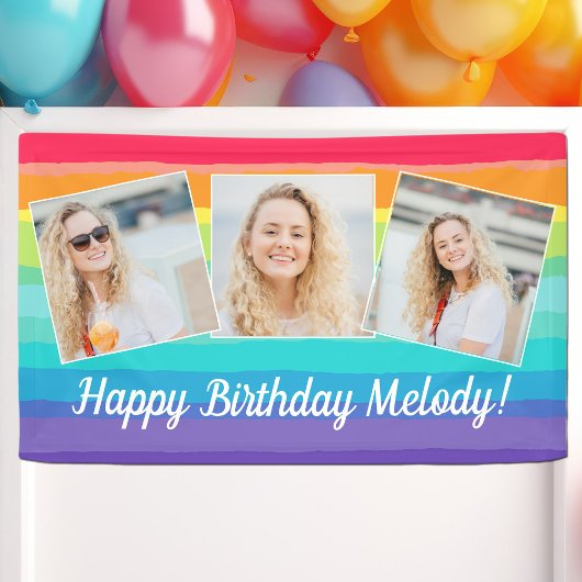 かわいいレインボーフォトコラージュカスタム誕生日パーティー 横断幕